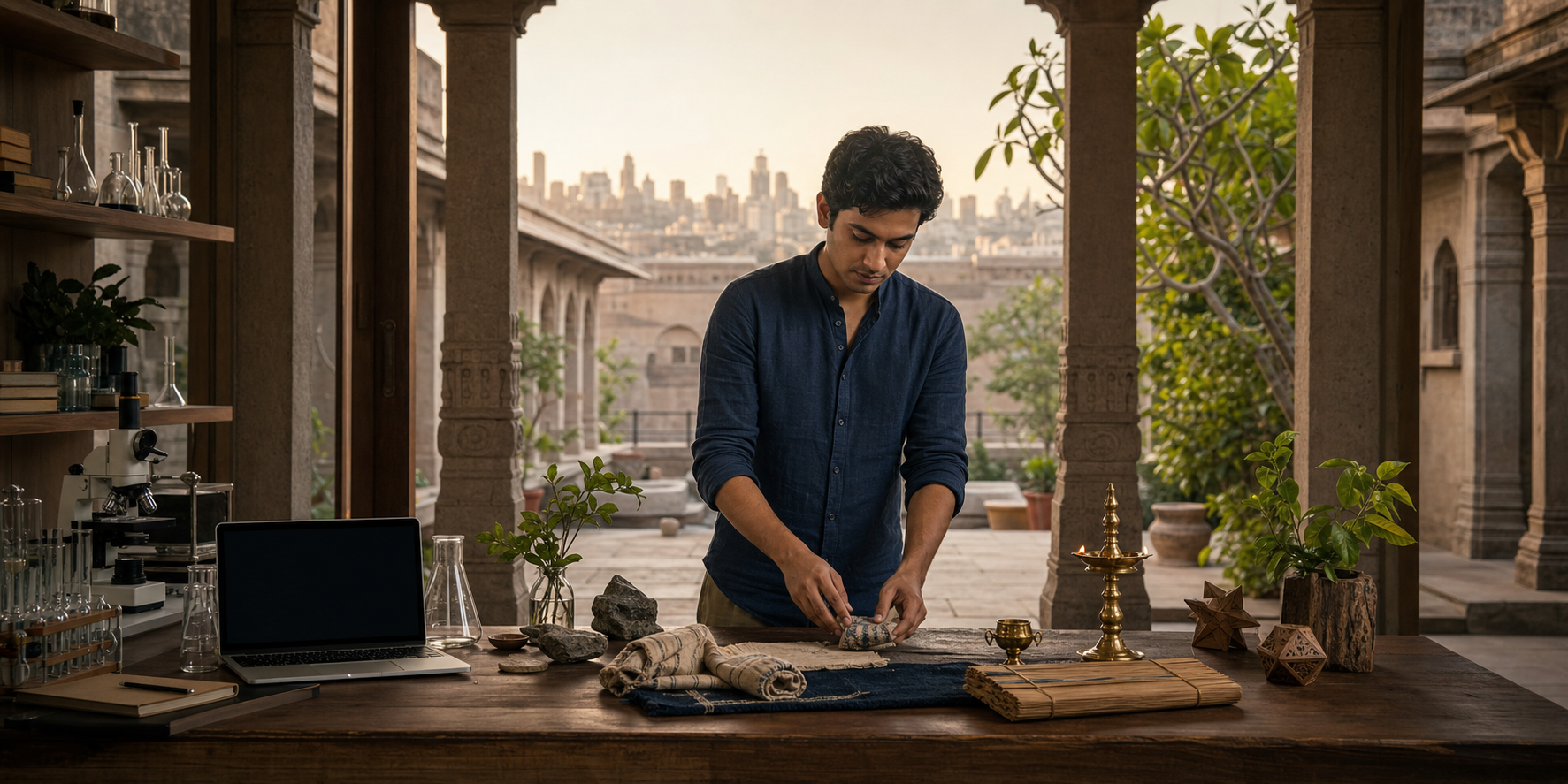 A young Indian adult arranges scientific instruments and traditional cultural objects together on a table in a modern stone courtyard.