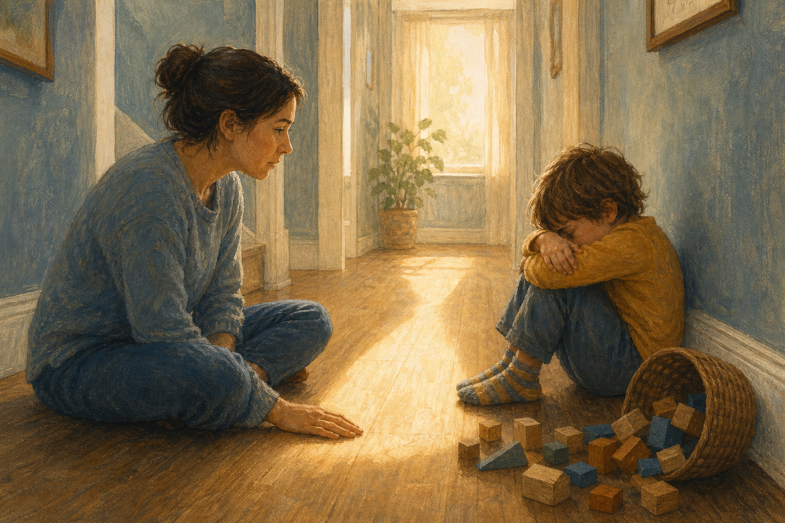 A calm parent sits near a distressed child who is taking space beside a tipped basket of wooden blocks.