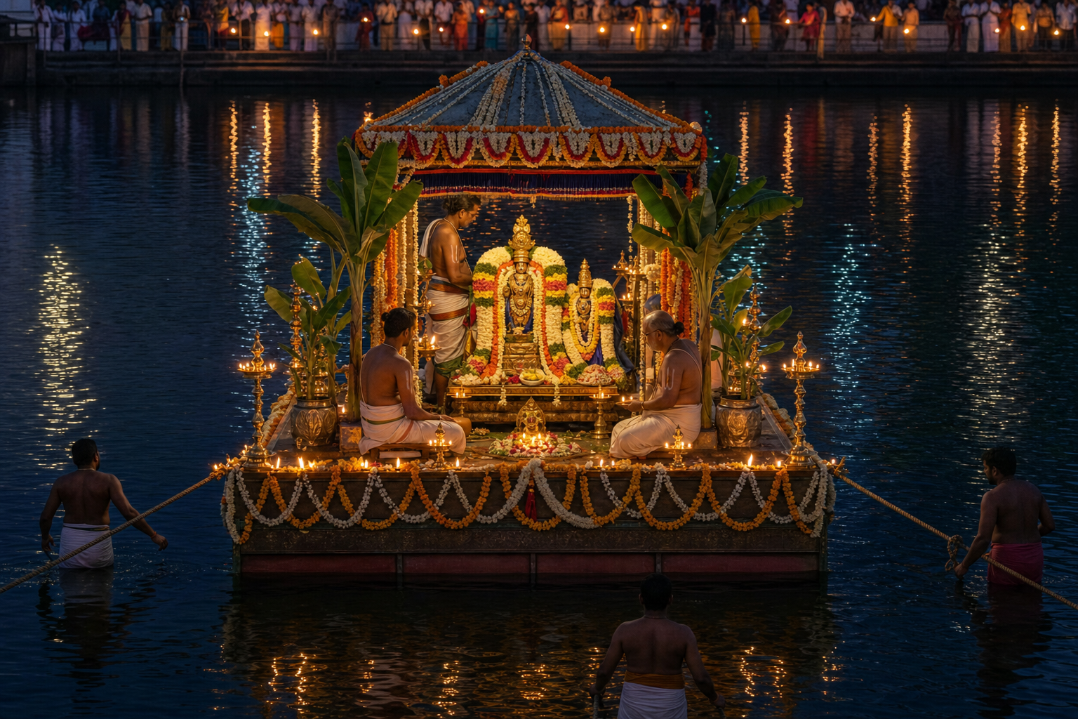 Priests attend the sacred deities on a flower-decorated float as it moves across the temple tank after sunset.