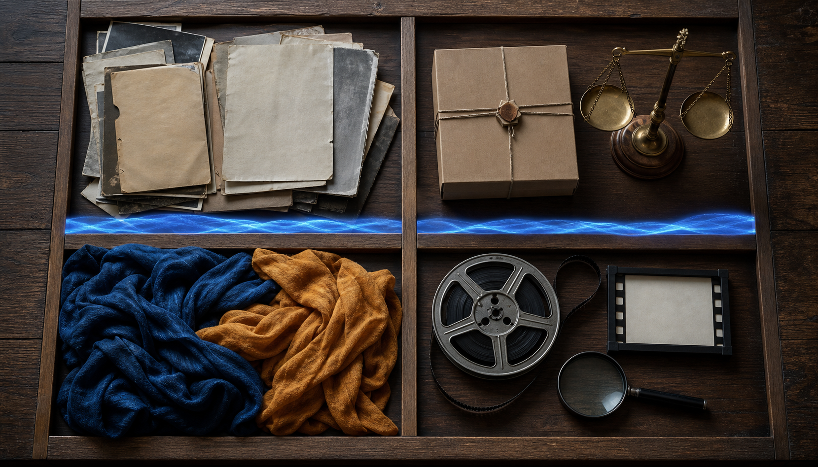 A research table is divided into four areas containing archival materials, an evidence box and balance, interwoven fabrics, and film-analysis tools.
