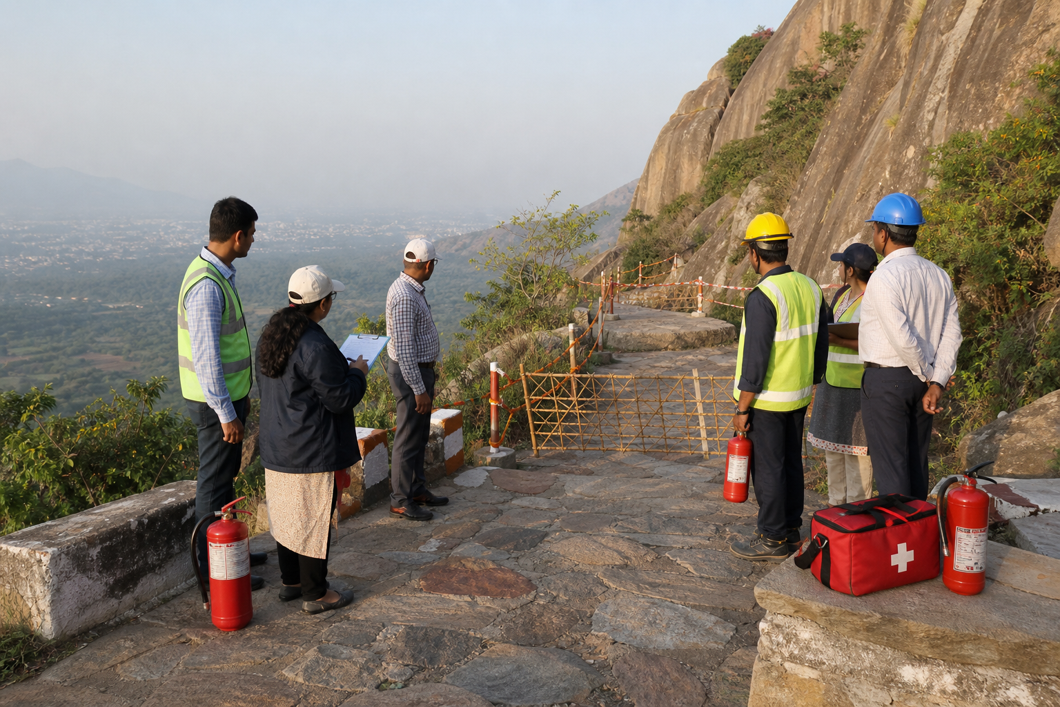 Officials and safety workers inspect barriers and emergency equipment along a rocky hill path.
