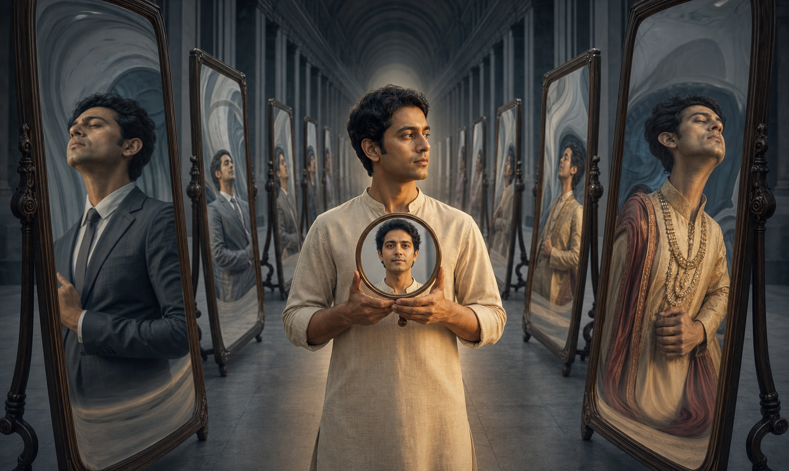 An Indian adult holds a clear mirror while surrounding warped mirrors show exaggerated versions of the same figure.