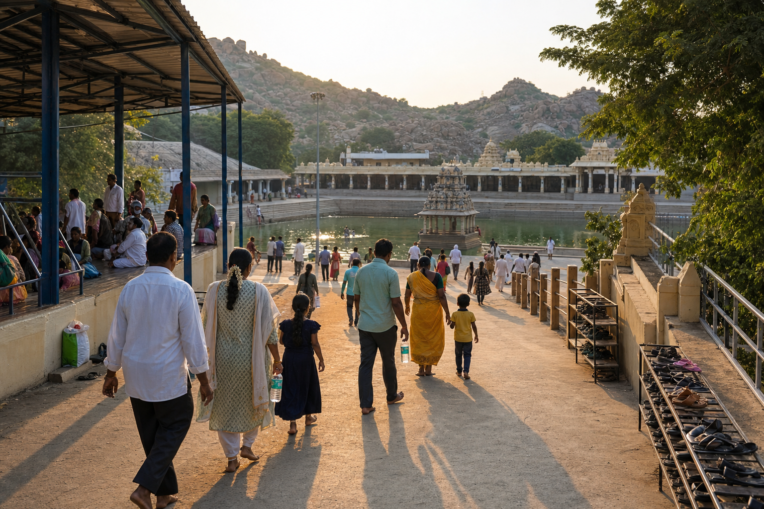 Pilgrims walk from a drop-off area toward the temple tank along an orderly route in the late afternoon.