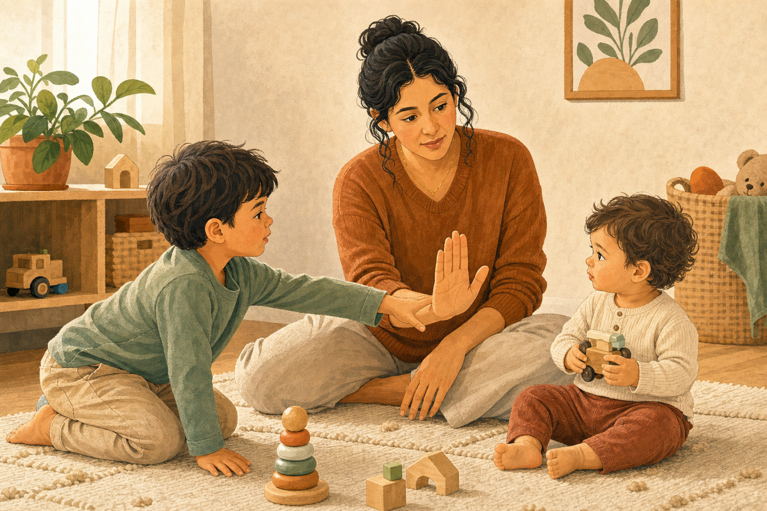 A parent calmly holds an open hand between two children to stop one child from taking the other's toy.