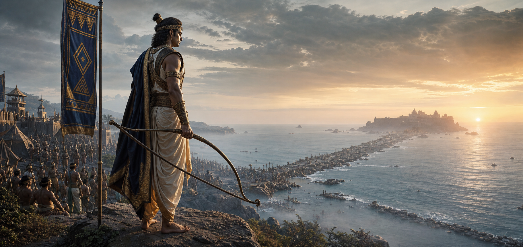 An ancient Indian warrior-prince lowers his bow while looking across a misty coastal battlefield toward a distant island citadel at dawn.