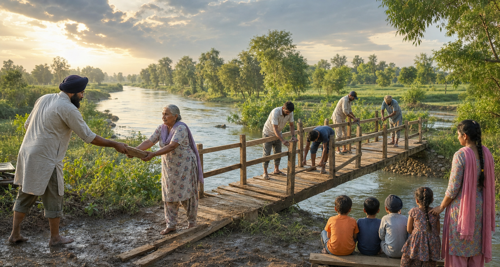 Sikh and Hindu Punjabi neighbors of several generations work together to repair a wooden footbridge beside a river after a storm.