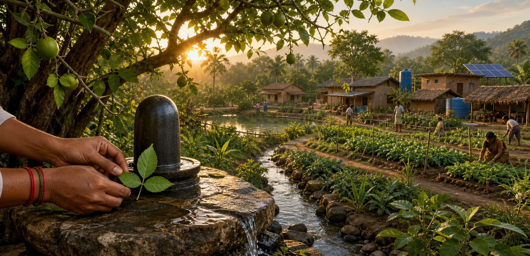 Bilva leaves offered at an outdoor Shiva altar beneath a Bilva tree, with gardens, rainwater systems, solar panels, and earthen ecovillage homes beyond.