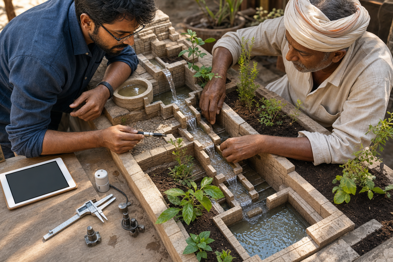 An engineer and a craftsperson use modern instruments to test a stone water-harvesting model with channels, plants, and a basin.