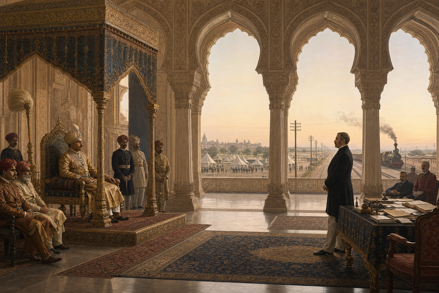 A Hyderabad ruler in a palace audience hall faces a British Resident, with a cantonment, telegraph line, and railway visible beyond the arches.