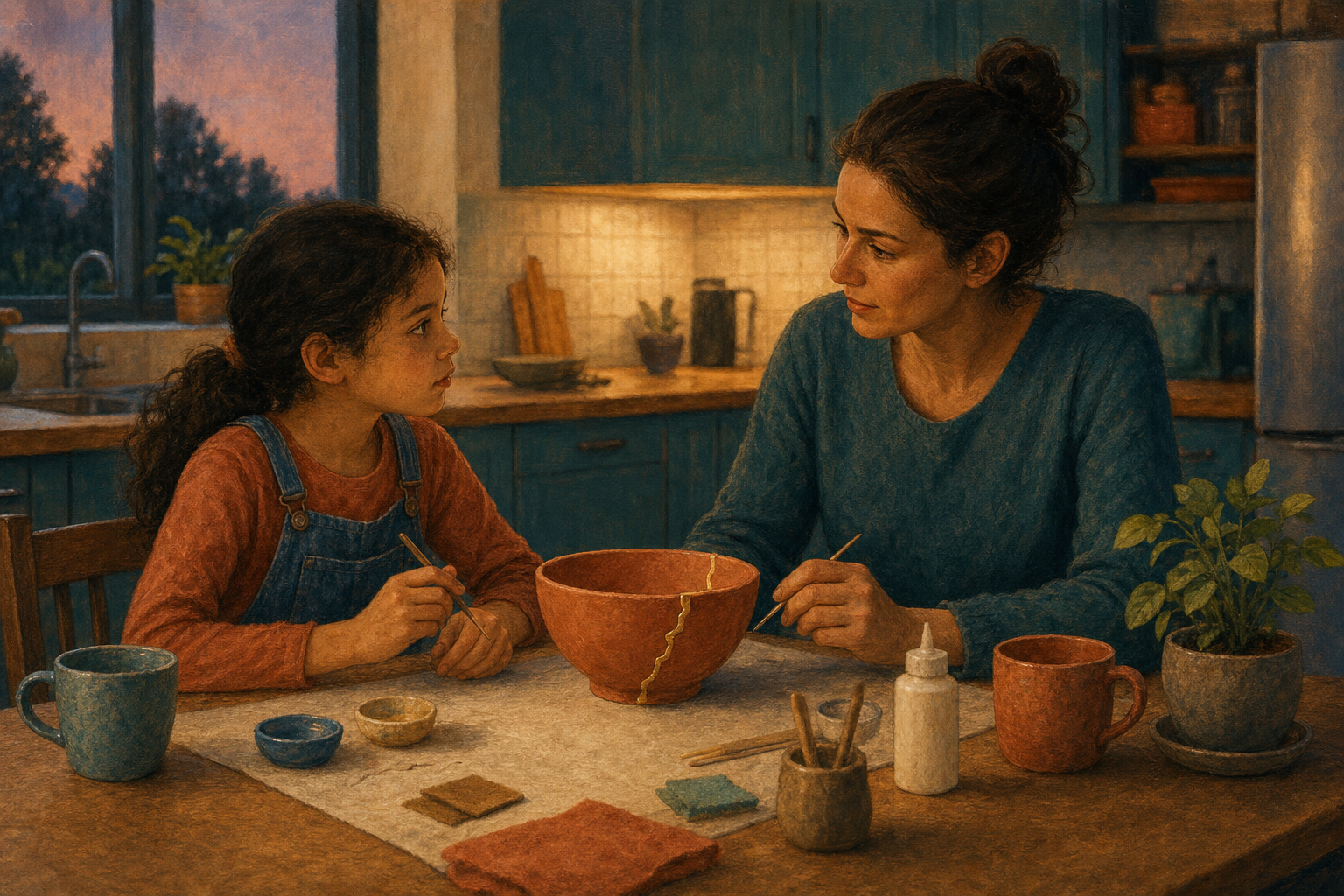 A parent listens to a child as they sit side by side and mend a cracked clay bowl at a kitchen table.