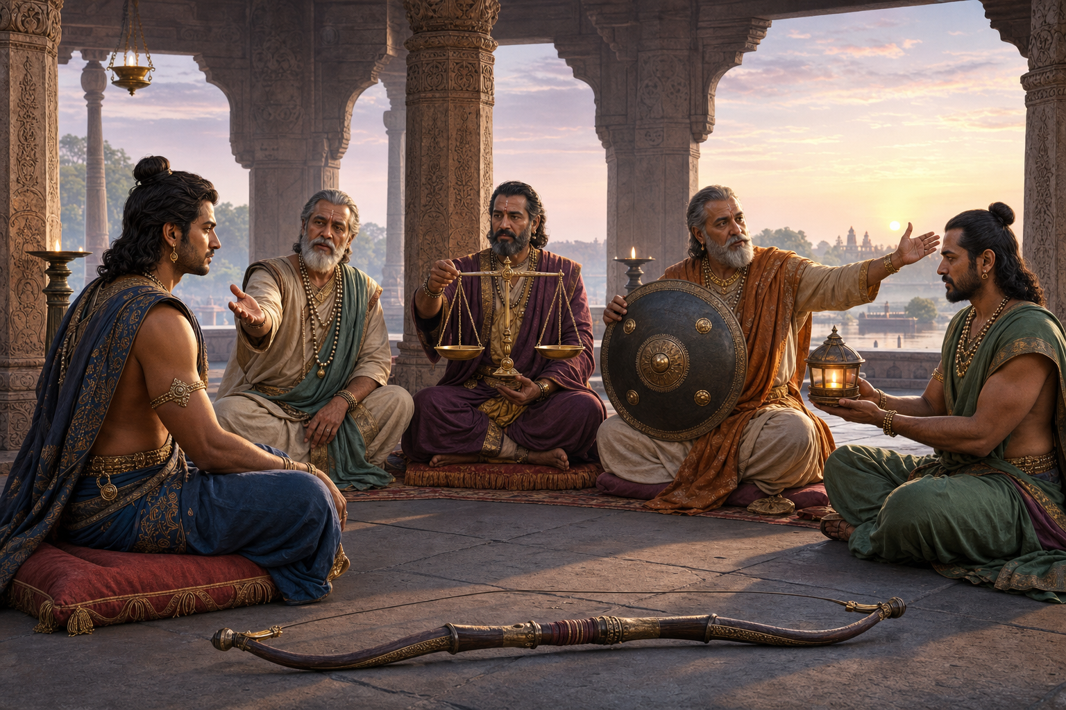 A warrior-prince consults four advisers in a pillared pavilion while a bow lies unused on the floor between them.
