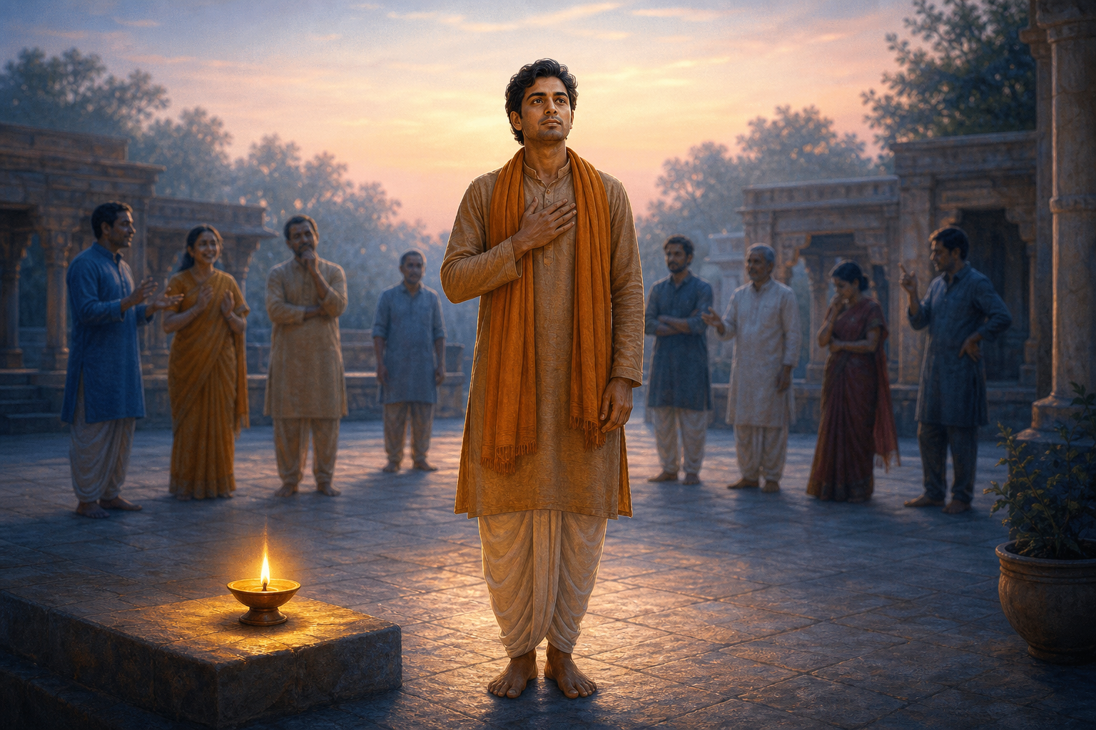 A calm Indian adult stands in a dawn courtyard beside a glowing oil lamp while blurred people in the background show mixed reactions.