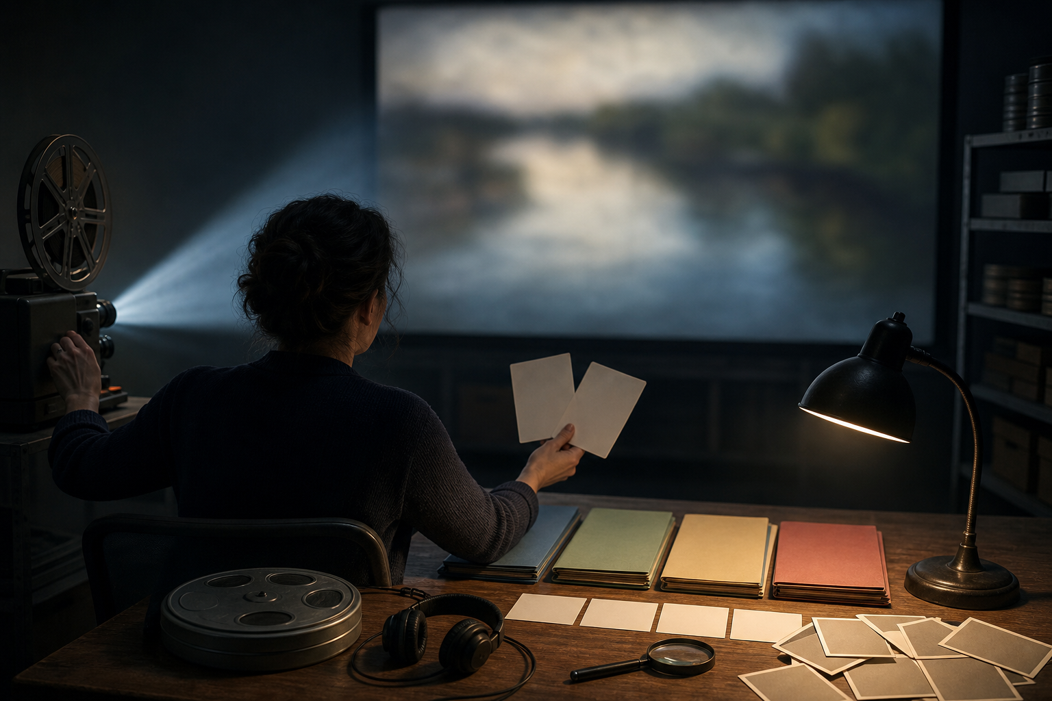 A researcher in a screening room compares unlabeled archival materials while an abstract river landscape is projected on a cinema screen.