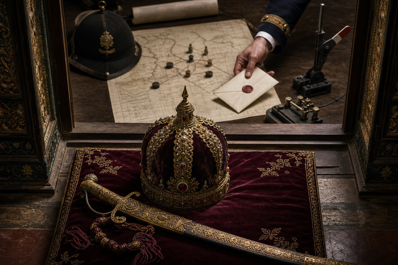 A Deccan crown and ceremonial sword lie beside diplomatic papers, a military map, a telegraph key, and a railway control lever.