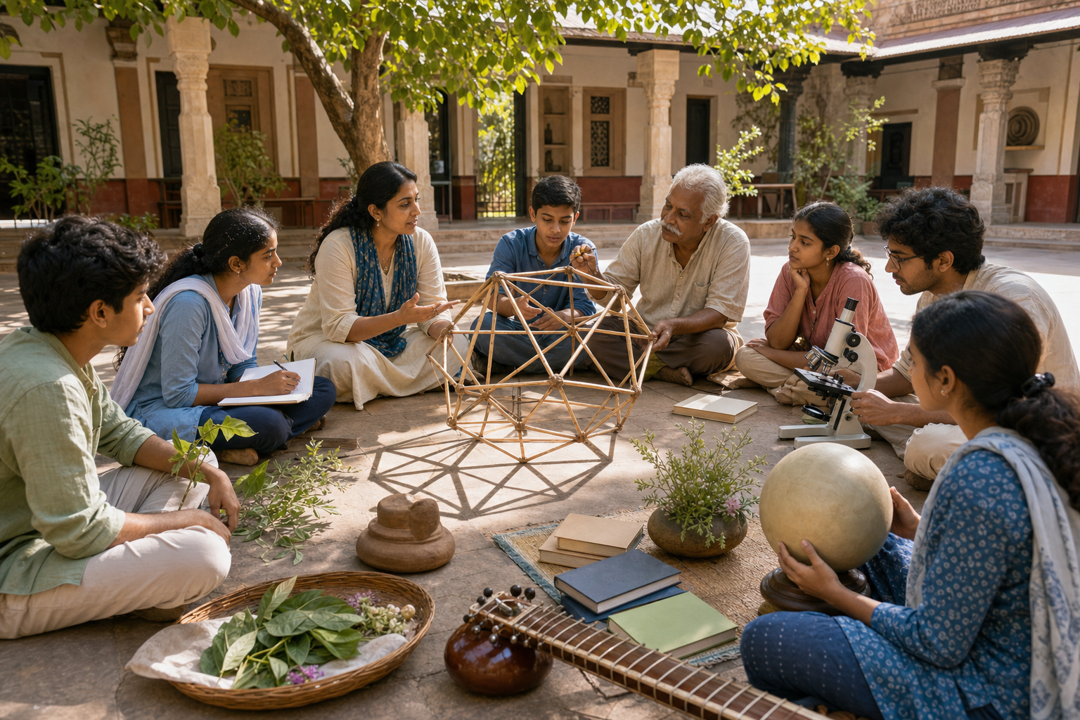 Students, a teacher, an artisan, and a scientist gather around geometric, musical, botanical, and scientific learning objects in a school courtyard.