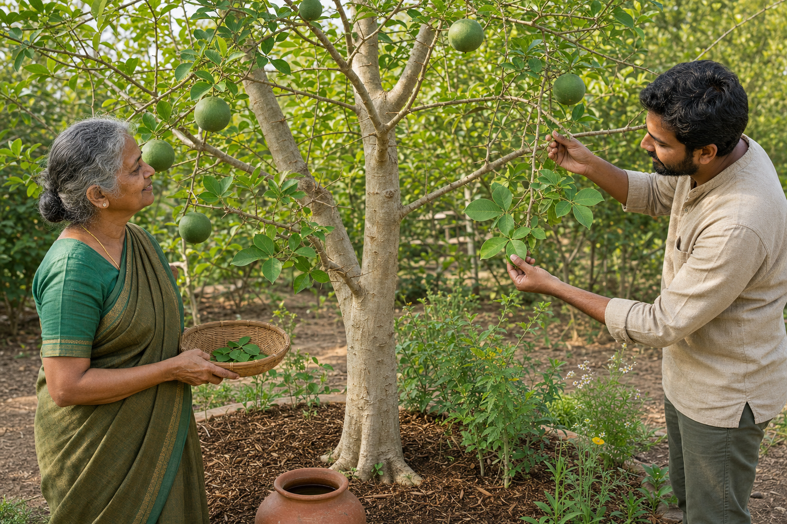 Two gardeners gently harvest a small number of trifoliate leaves from a fruiting Bilva tree in a mulched community garden.