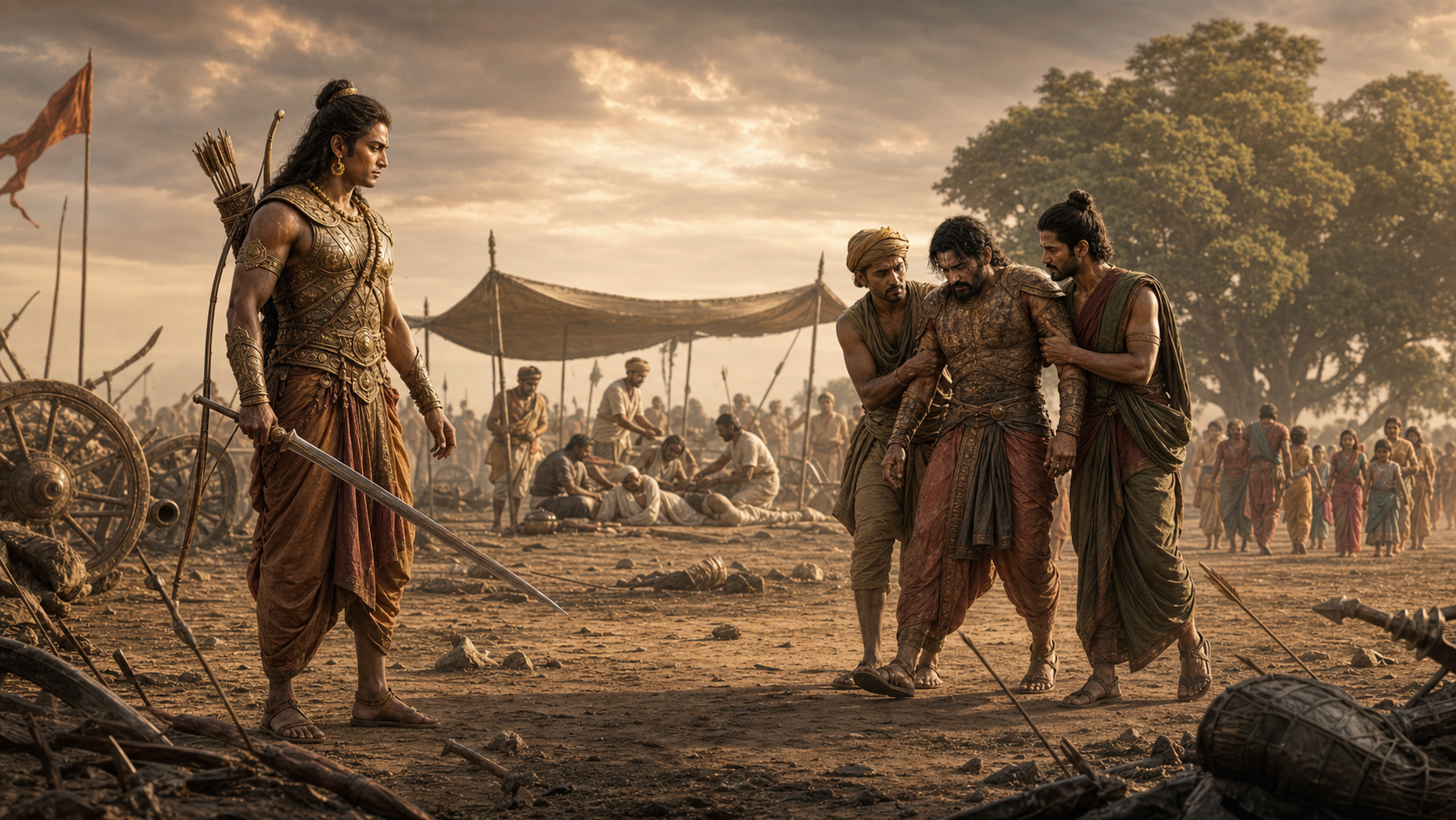 An armed warrior lowers his weapon as attendants lead away an unarmed opponent and a healer tends the wounded in the background.