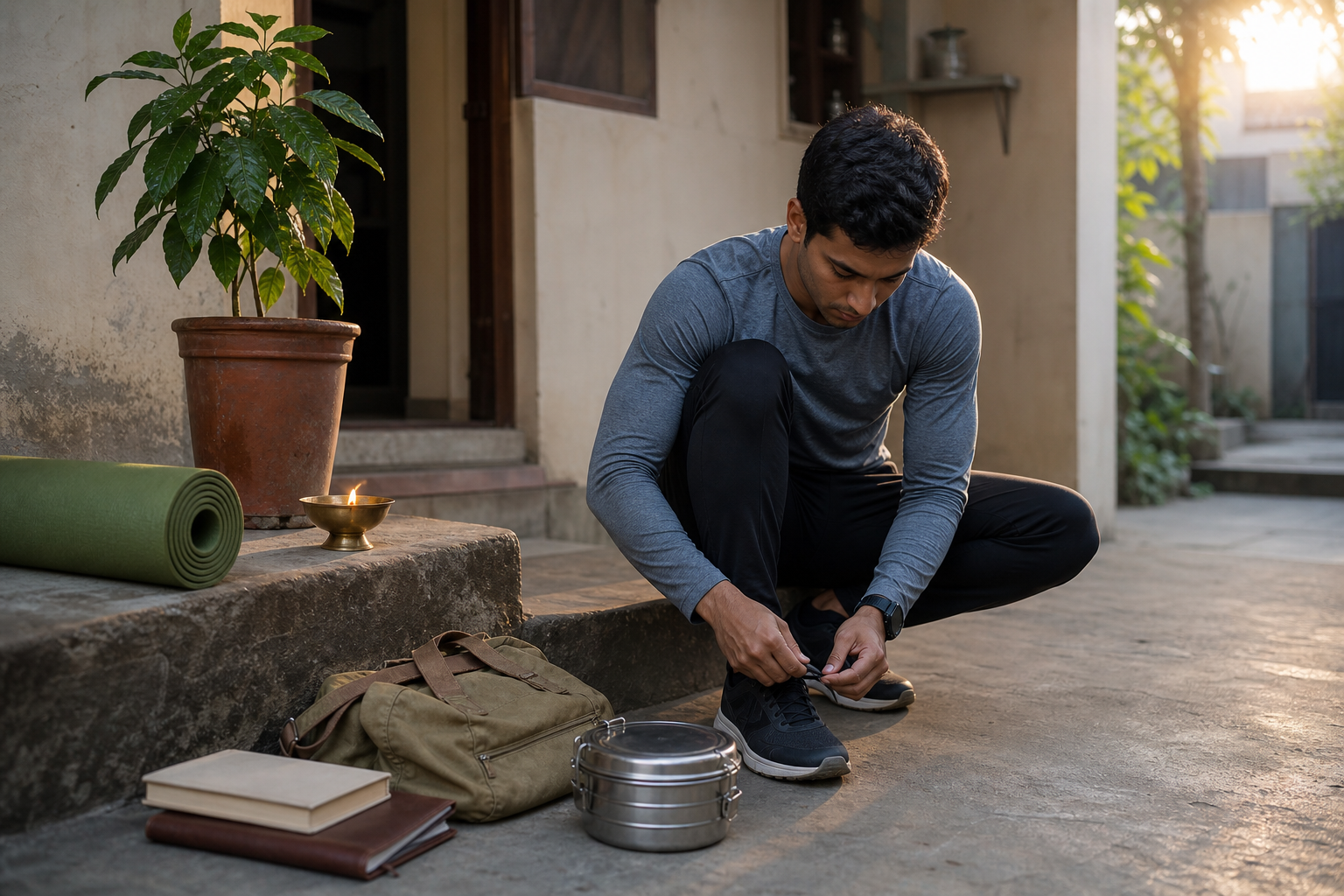 A young Indian adult ties their shoes in a dawn courtyard beside an exercise mat, a brass lamp, a watered plant, books, and prepared food.