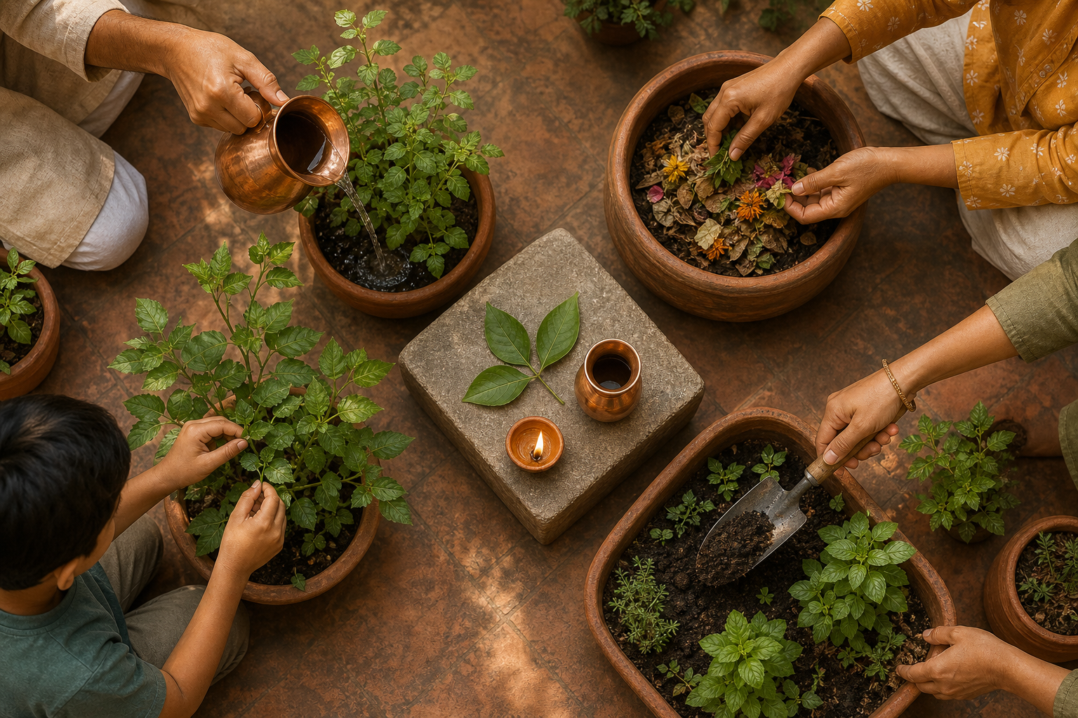 Household hands reuse offering water for a plant, compost spent flowers and Bilva leaves, and return finished compost to a small garden around a simple altar.