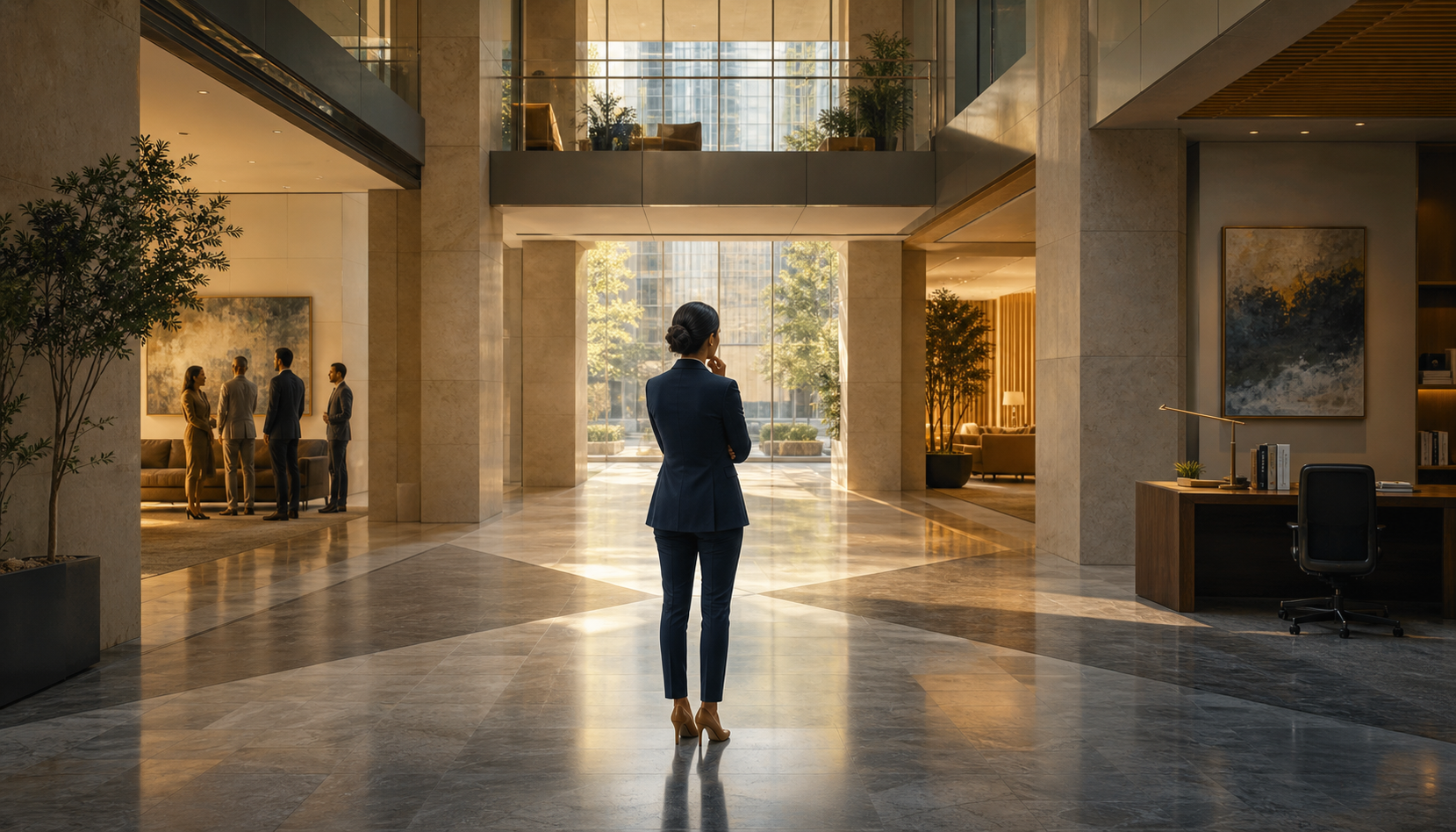A professional pauses in a modern office atrium where four differently lit paths extend toward transparent, collaborative, work-focused, and welcoming spaces.
