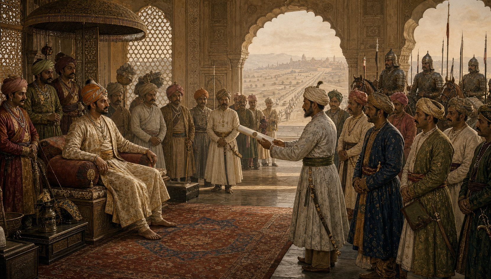A Deccan noble receives an imperial document from a Mughal envoy as courtiers and cavalry officers watch in a fortified palace.