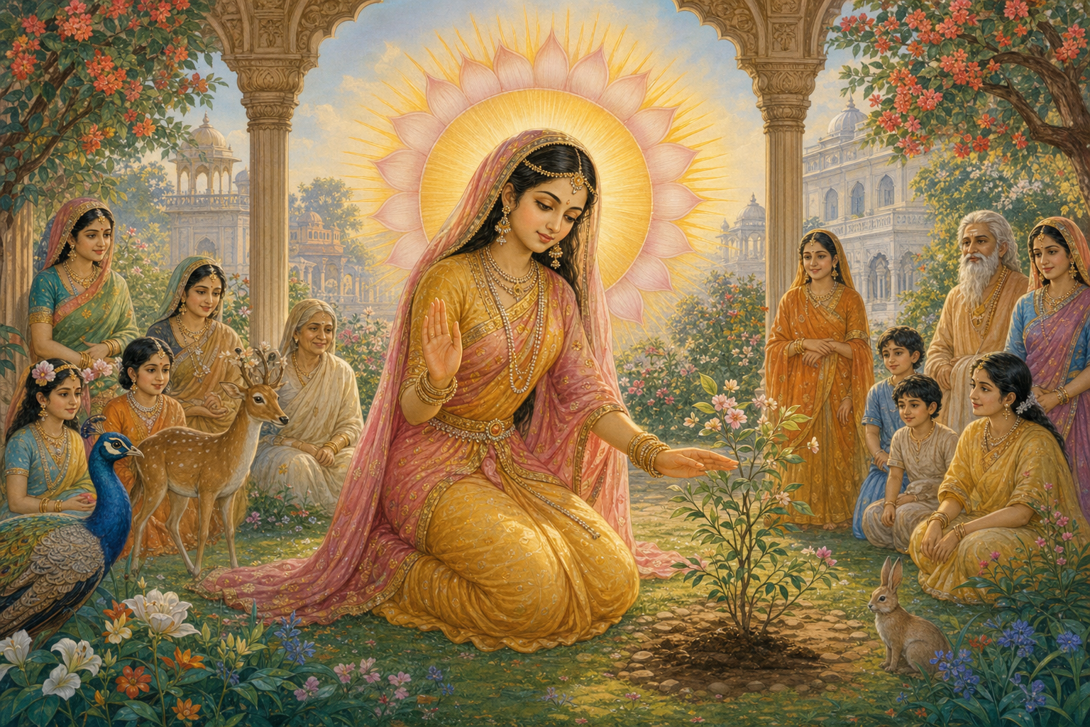 Janaki protects a flowering plant in a Mithila garden while people and animals gather peacefully around her.