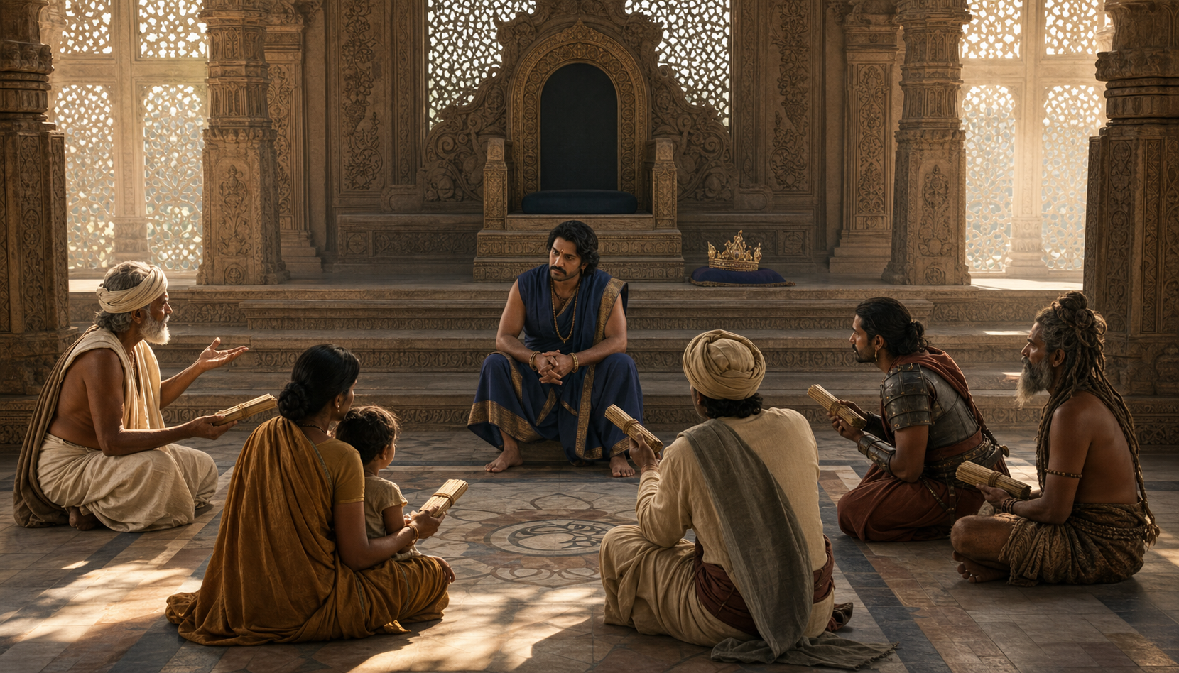 An uncrowned king listens to farmers, a parent, a merchant, a soldier, and an ascetic gathered in a palace audience hall.