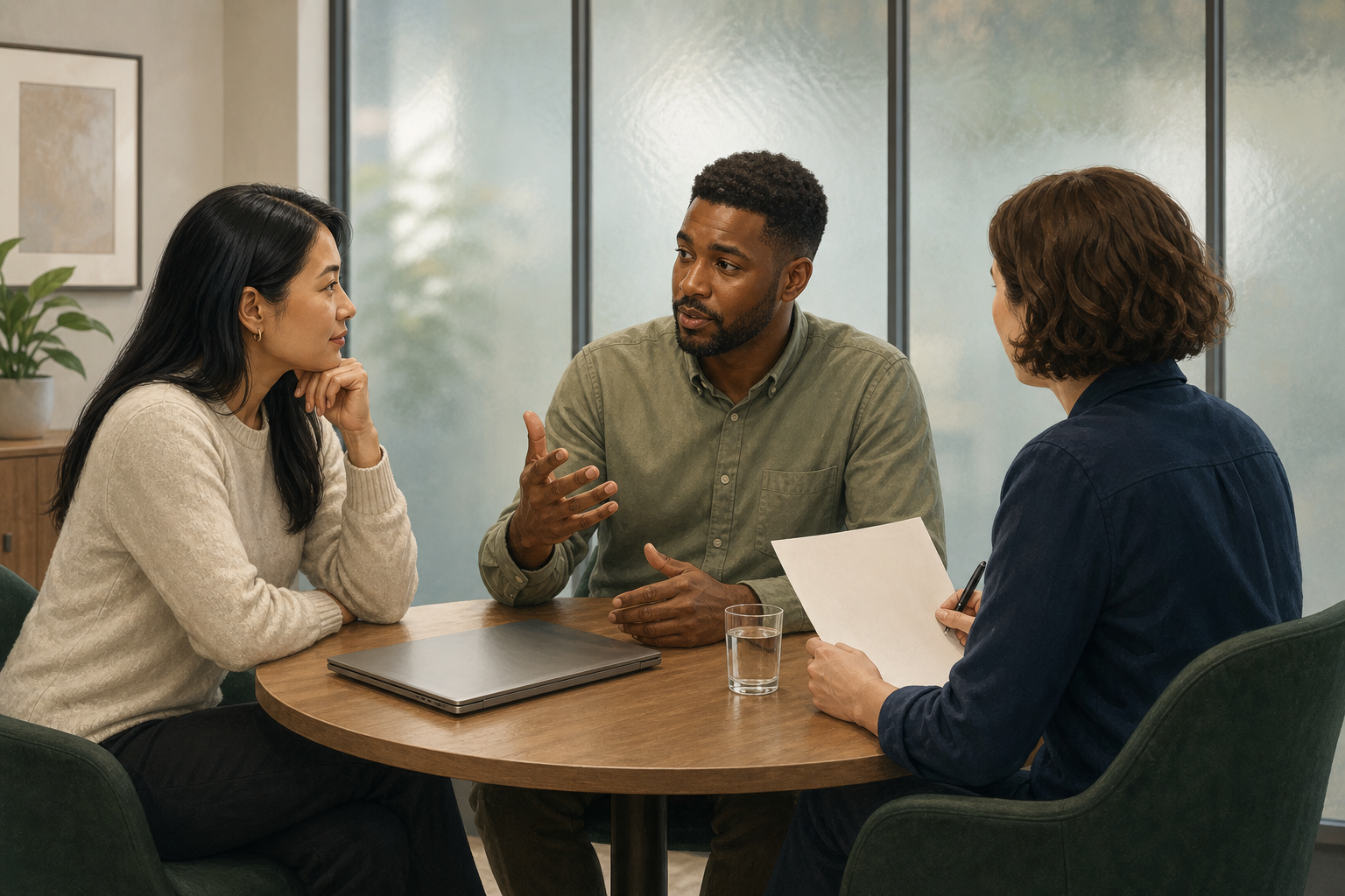 Three coworkers have a calm private discussion around a small table while one person listens and takes notes.