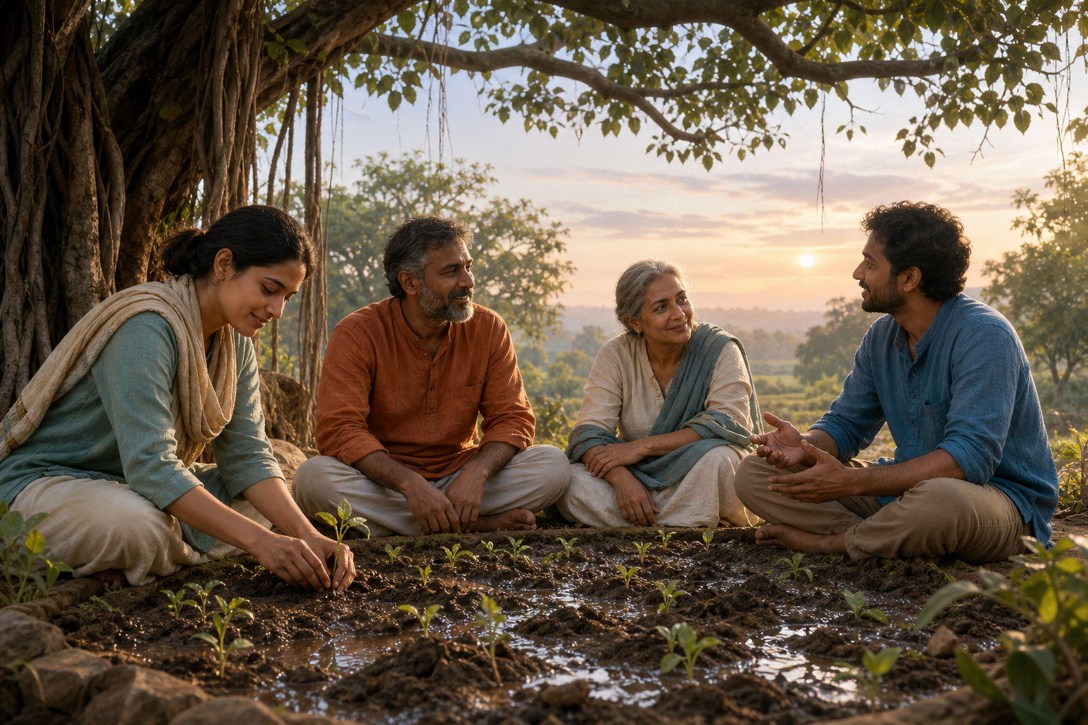 Four adults sit together beneath a banyan tree beside a freshly tended garden bed where water soaks into the soil and seedlings emerge.