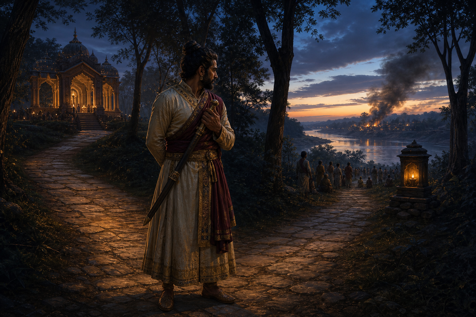 A courtier holding a sheathed sword pauses at a fork between a royal pavilion and villagers near a smoke-filled forest.