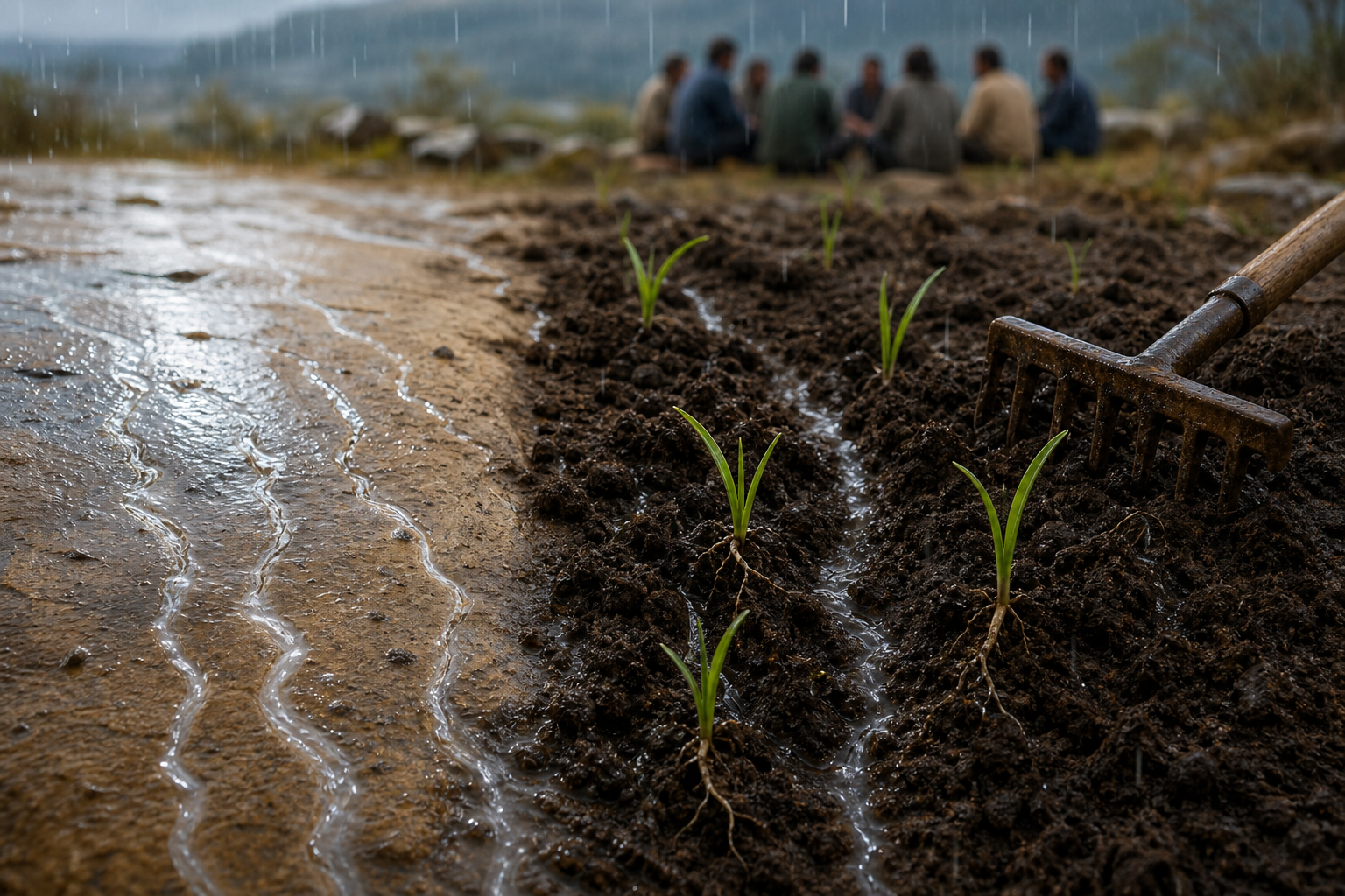 Rain runs off compacted soil beside loosened earth where water is sinking in and green shoots are growing.