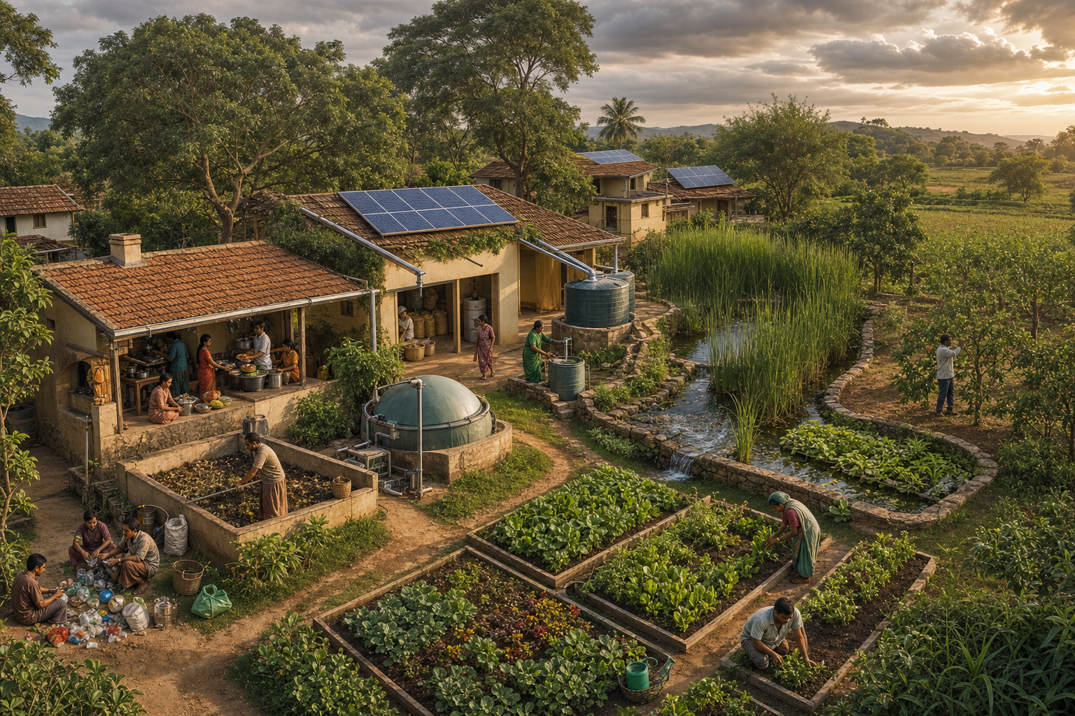 An ecovillage with earthen homes, rooftop solar panels, rainwater tanks, food gardens, composting, biogas, and a planted greywater wetland.