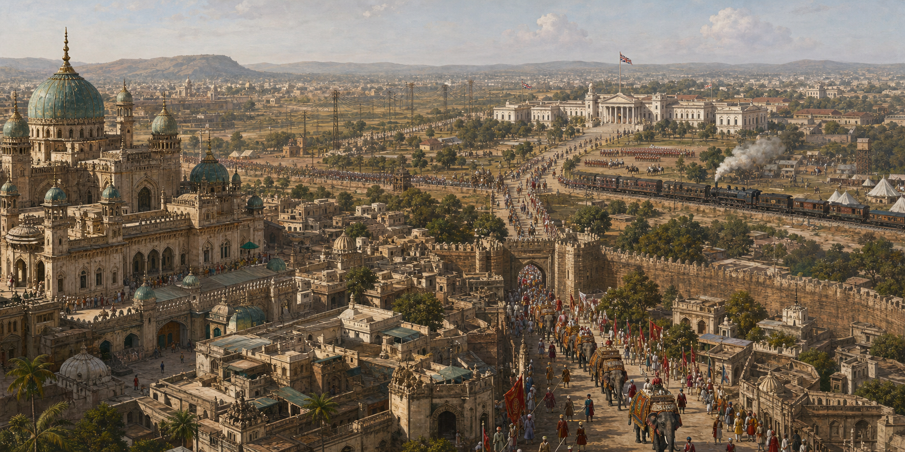 Hyderabad's palace and walled city stand in the foreground, with a British Residency, cantonment, telegraph wires, and railway beyond them.