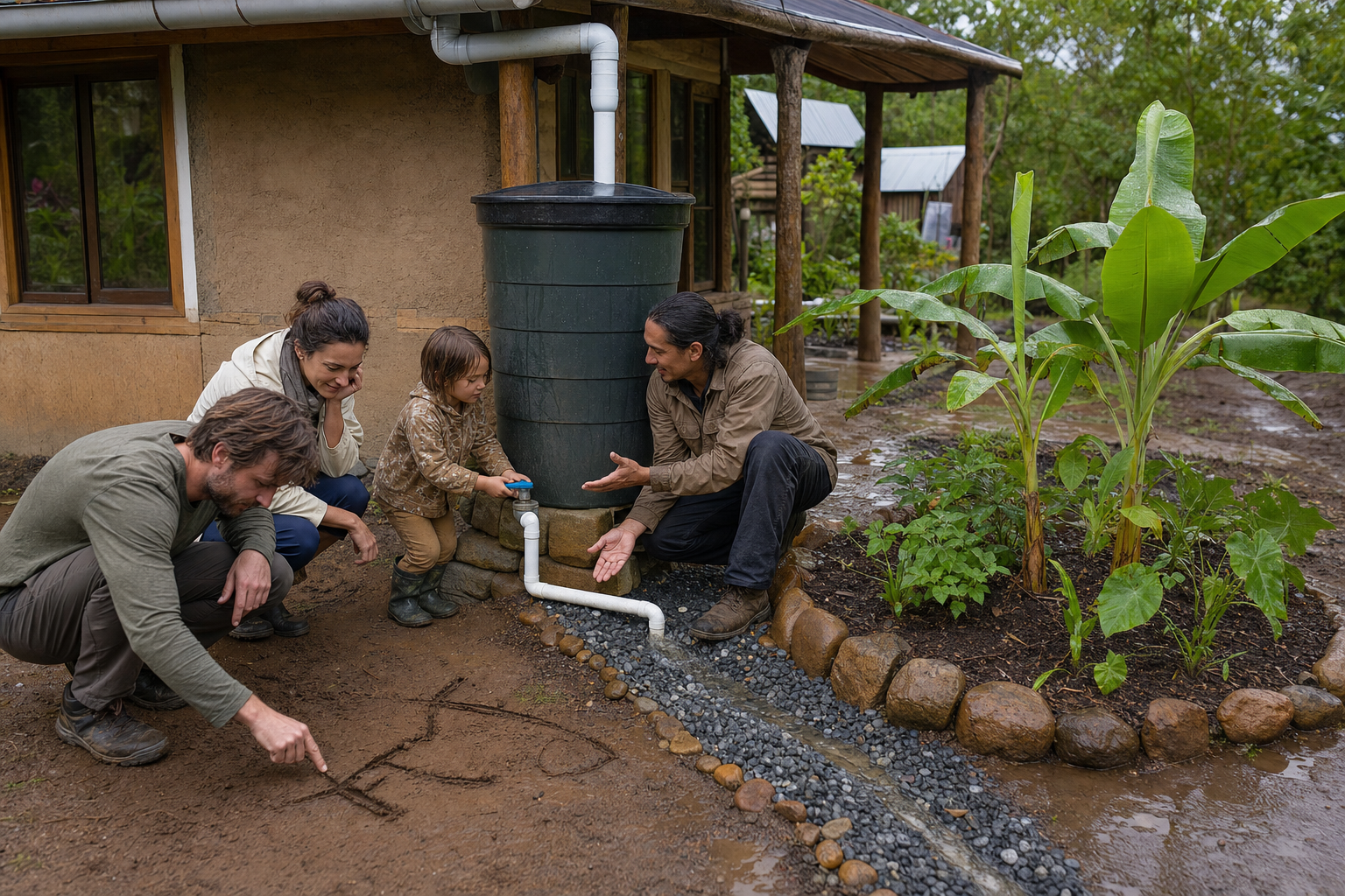 An ecovillage resident shows visiting adults and a child how stored roof rainwater flows through a gravel channel into a garden planting bed.