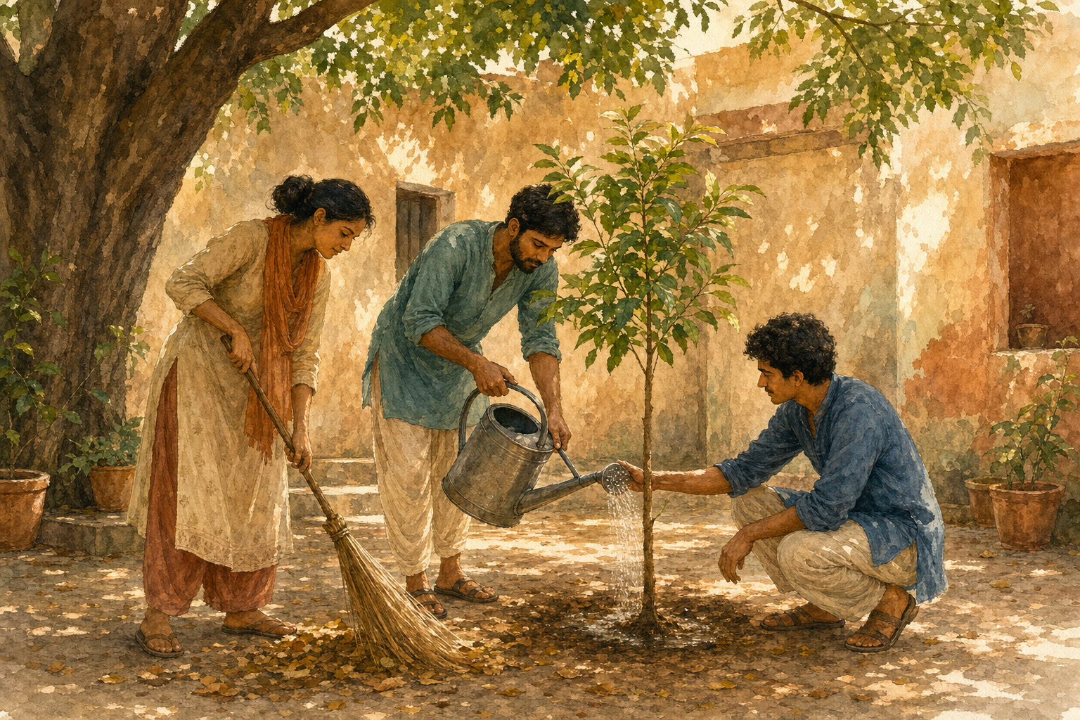 Three people cooperate in a quiet courtyard, sweeping leaves and watering a young tree beneath the shade of a mature tree.