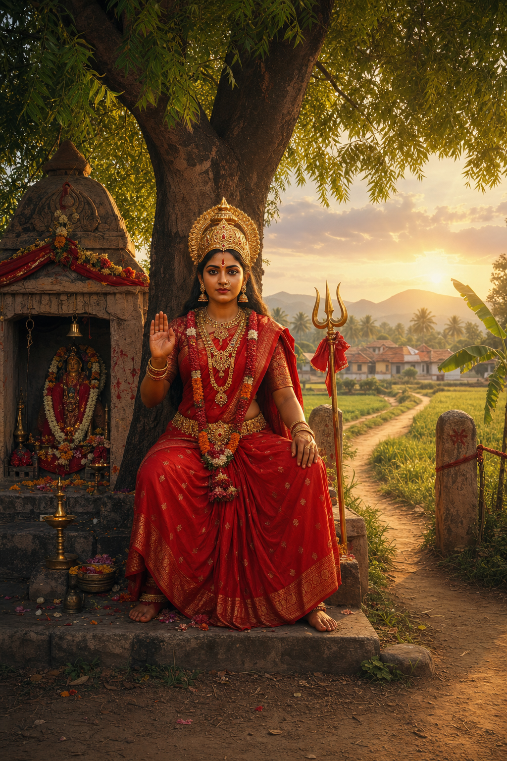Pidari Amman depicted as a fierce maternal guardian beside a village-boundary shrine under a neem tree at dawn.