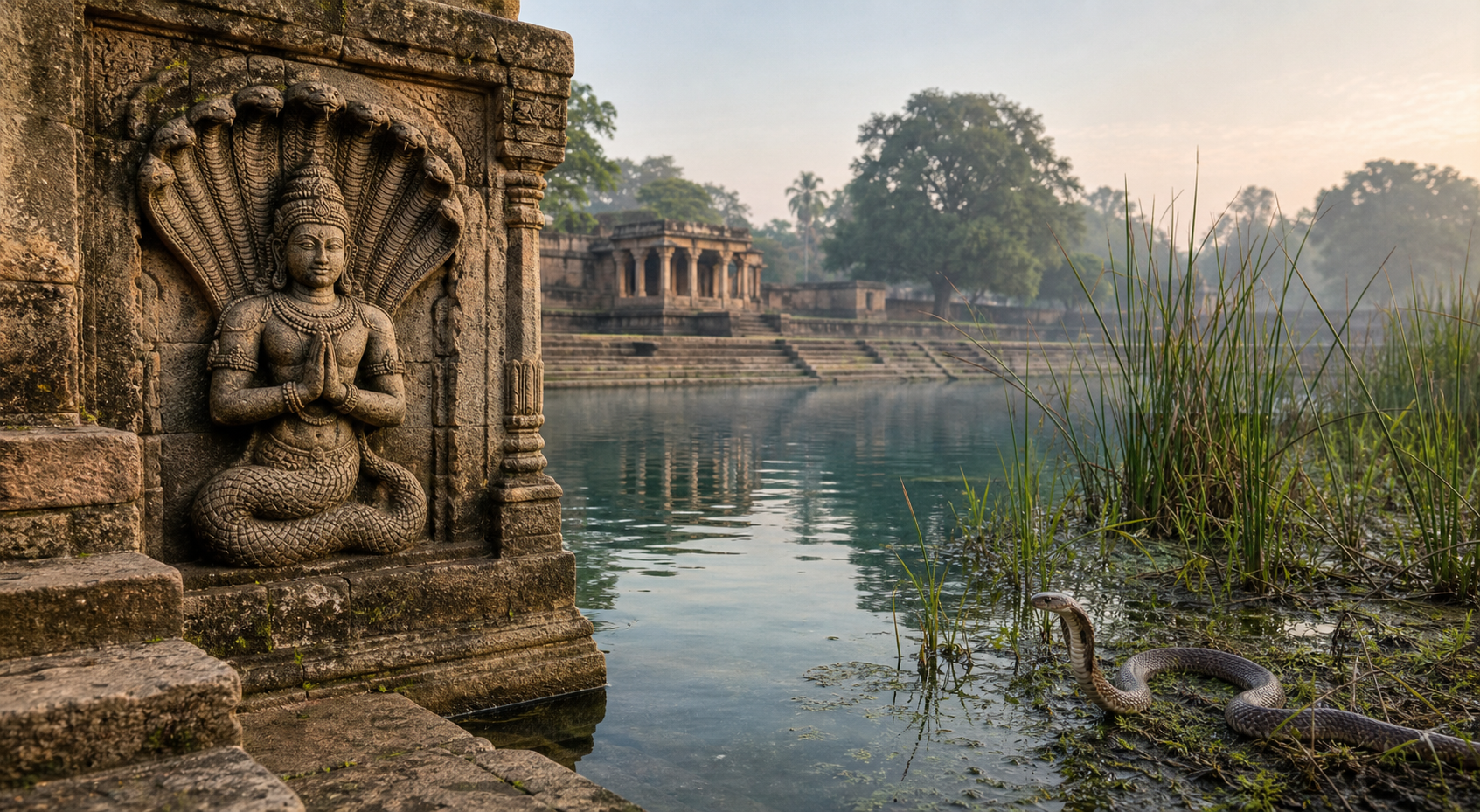 A many-hooded Naga guardian carved in stone stands beside a stepped tank, while a living cobra moves through reeds across the water.