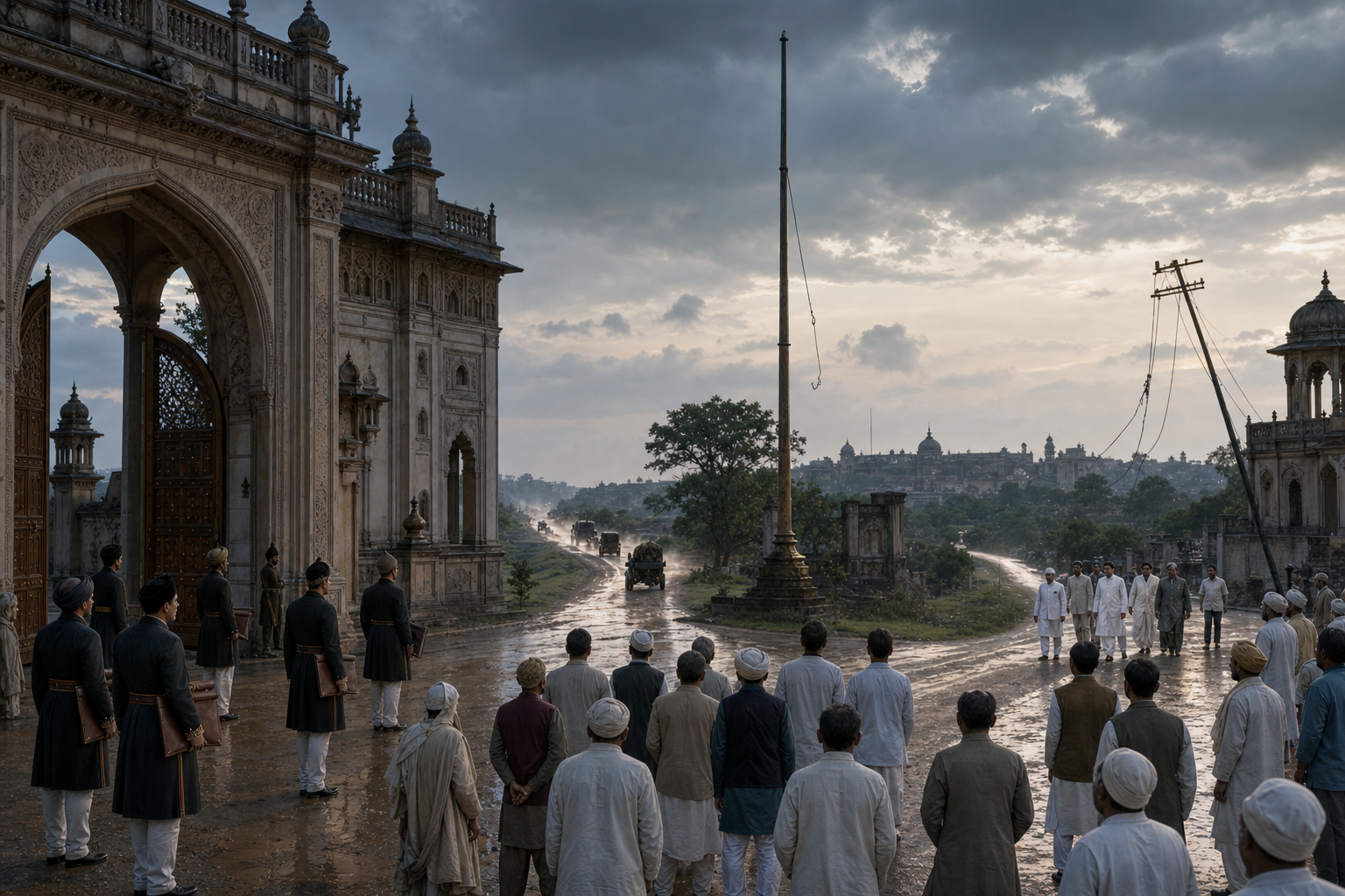 Hyderabad officials stand at a palace gate as a British convoy departs and Indian representatives approach along a different road.