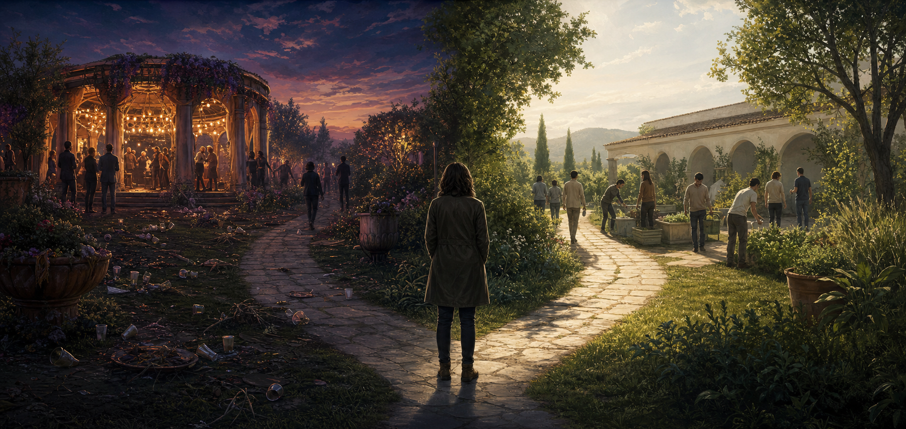 A person considers two paths, one toward a glamorous but disordered gathering and the other toward a simple courtyard with people calmly tending healthy plants.