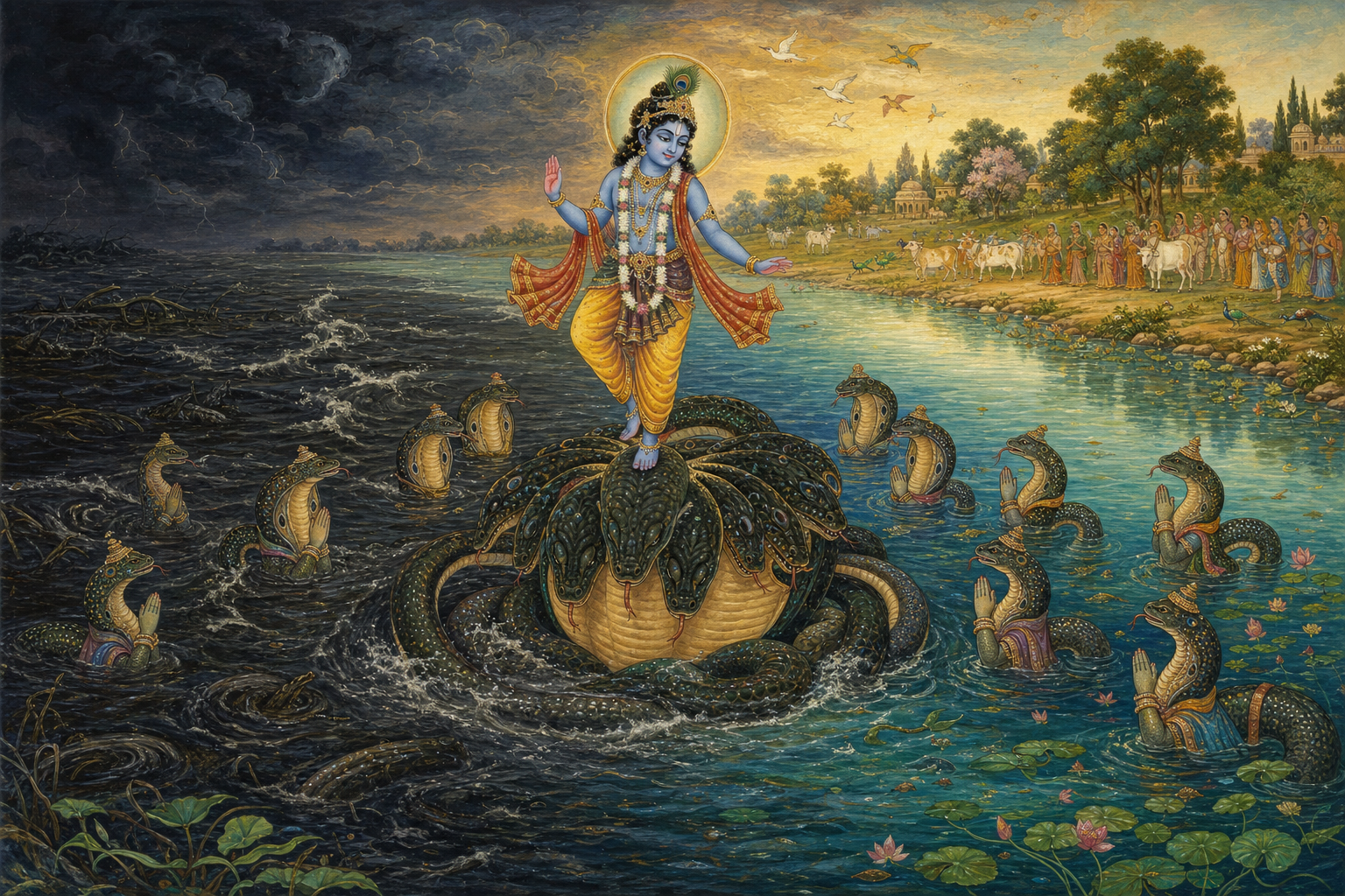 Krishna balances above the lowered hoods of the serpent Kaliya as the river grows calm and villagers and cattle watch from the distant bank.