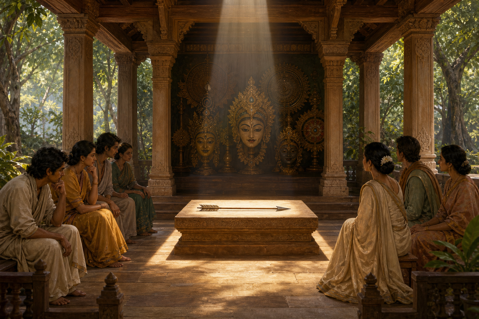 An arrow lies on a lit stone platform in a forest pavilion while observers face either the object or a row of ornate masks in shadow.