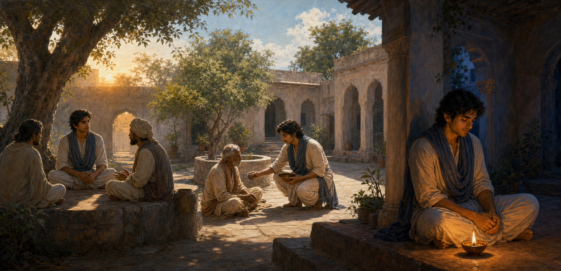 The same person appears across a courtyard day, listening to two companions, performing a task of service, and reflecting alone beside a small lamp.