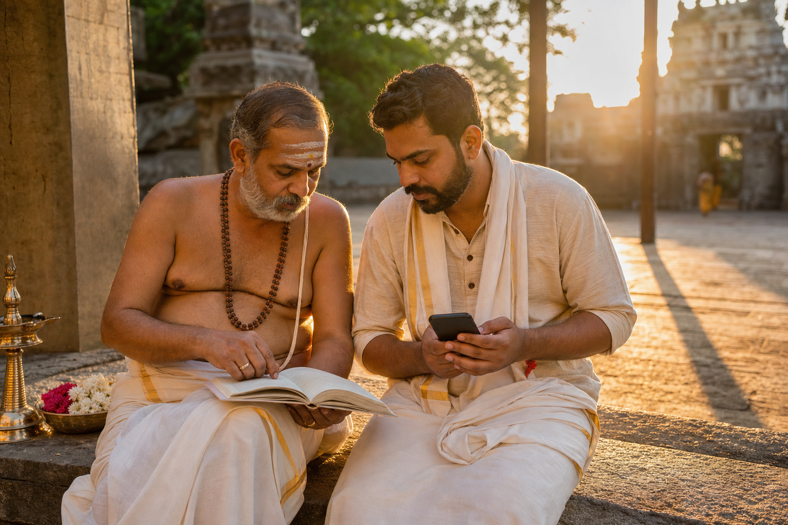 A temple priest and a householder compare an open almanac with a smartphone in a sunlit temple courtyard.