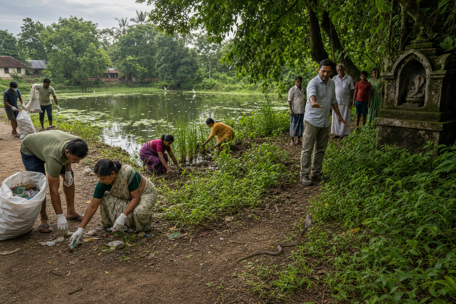 Residents clean a pond path and restore native plants while a cobra moves undisturbed toward dense cover near a grove and serpent shrine.