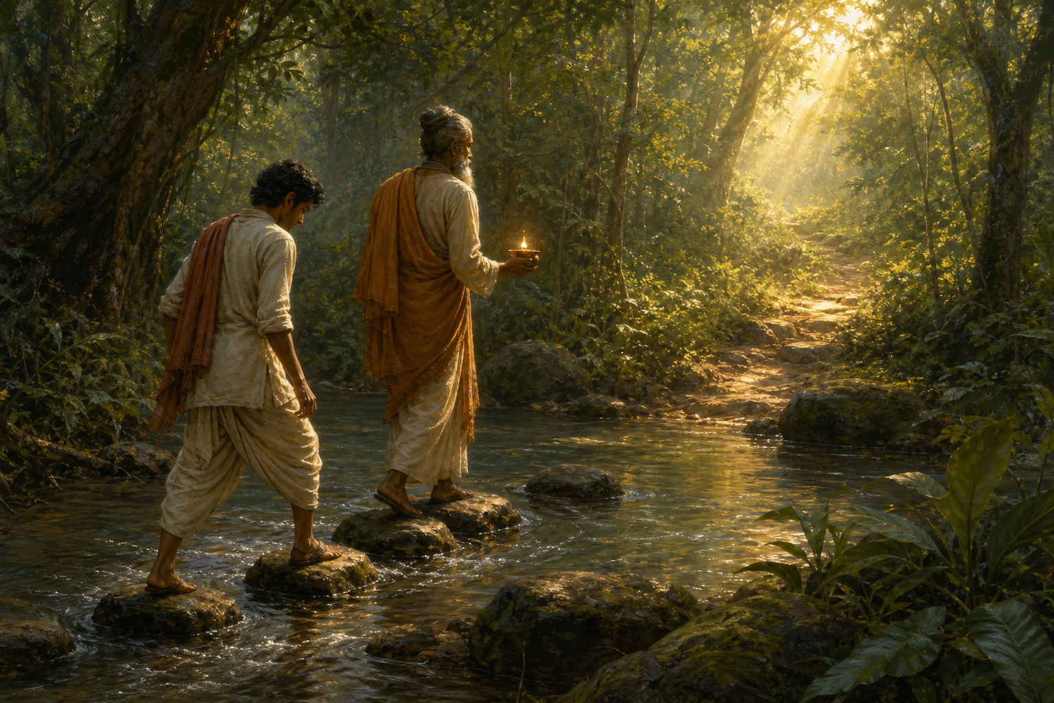 A teacher with an oil lamp guides a seeker across tested stepping stones as sunlight reveals an overgrown forest path on the far bank.