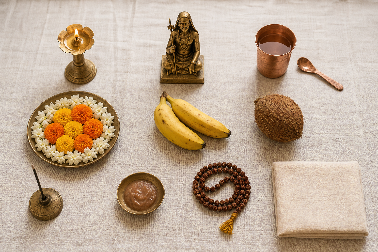 A simple home altar holds a brass renunciant image, a lit lamp, water, flowers, fruit, incense, sandalwood paste, and prayer beads.