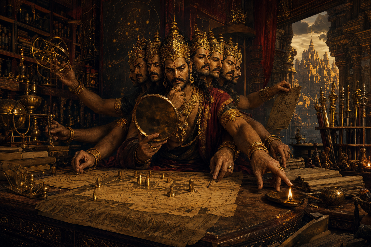 Ravana sits in a manuscript-filled royal chamber as his many faces examine a mirror, instruments, weapons, and the city beyond, while one hand moves a warning lamp aside.