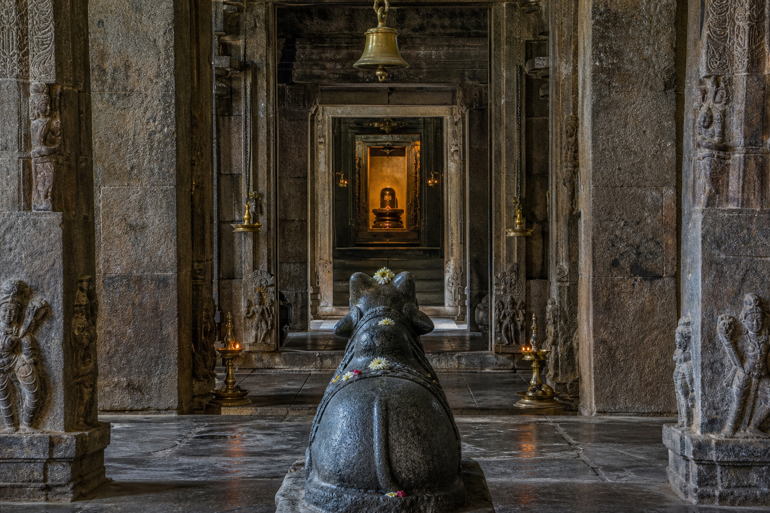 A temple's pillars and doorways align Nandi's gaze with a distant linga in the inner shrine.