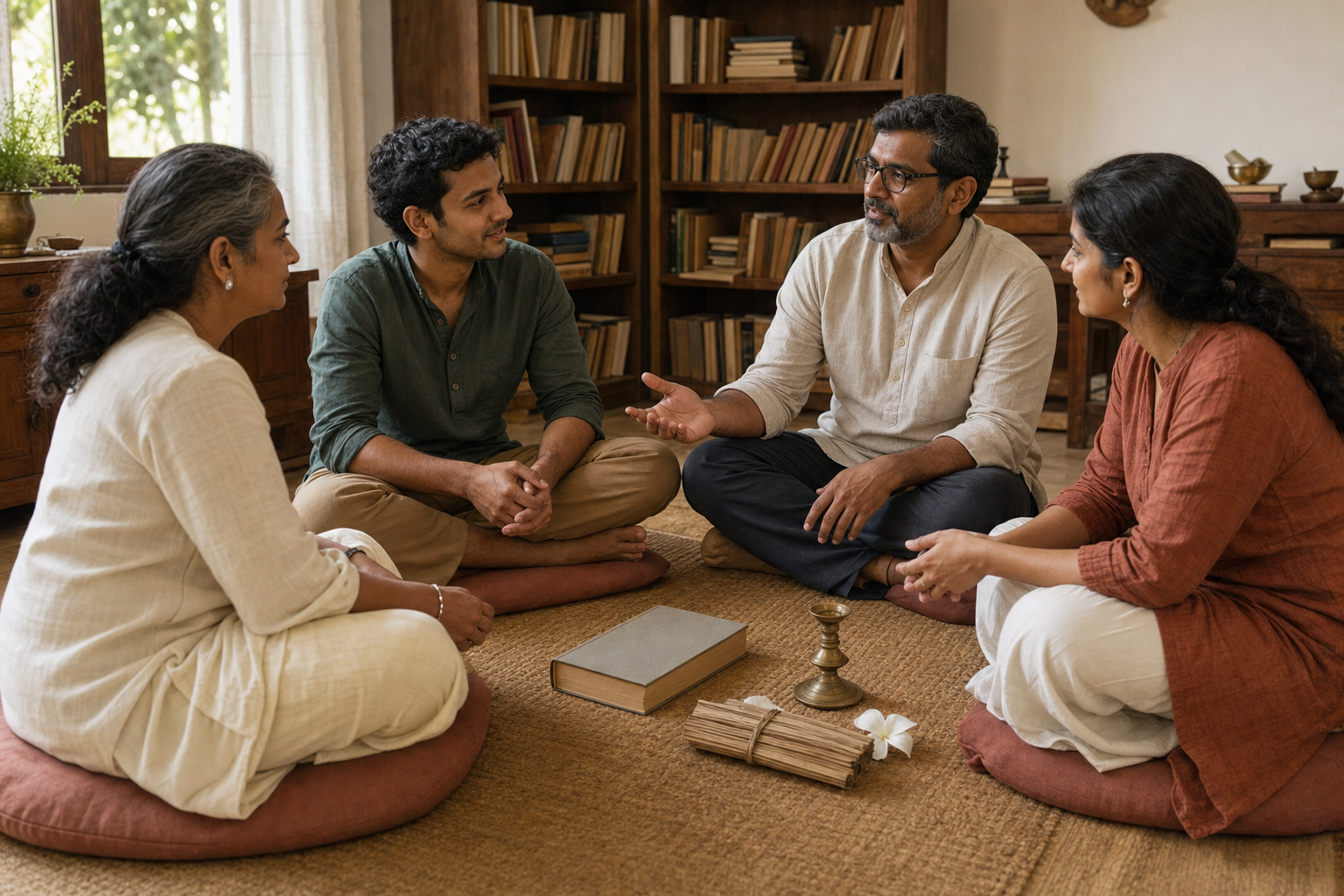 Four adults hold a thoughtful study discussion around a book, a palm-leaf manuscript bundle, a brass lamp, and a white flower.
