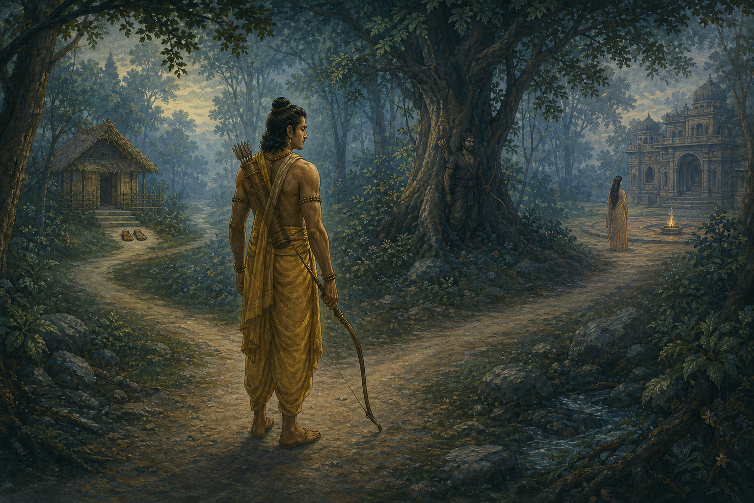 Rama stands with a lowered bow at a forest crossroads leading toward a hermitage, a concealed warrior near a tree, and a distant palace courtyard with a ritual fire.